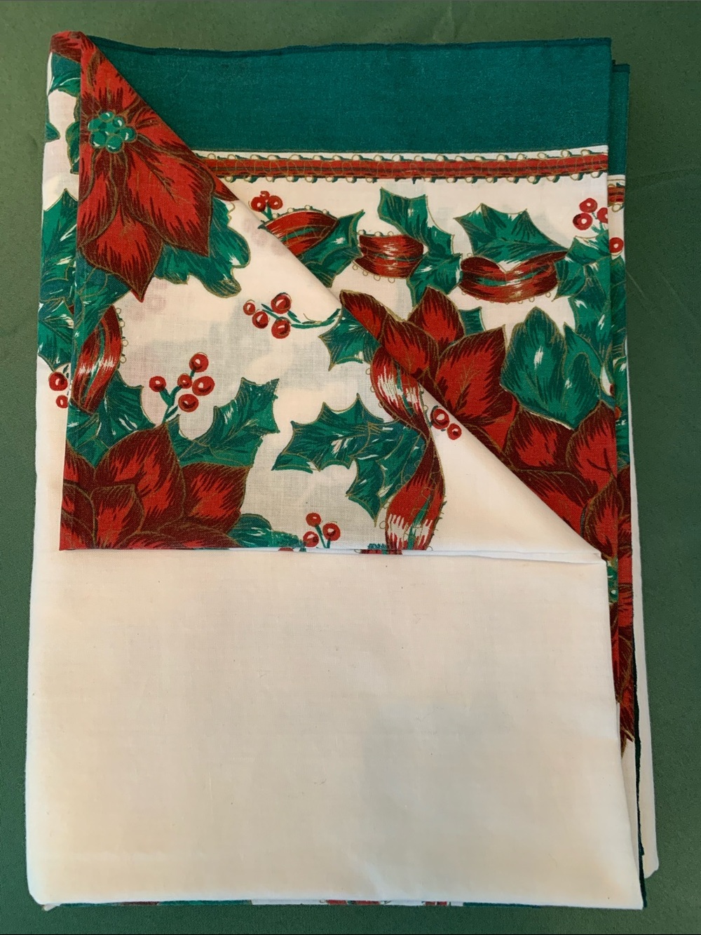 84” X 60” Holly & Poinsettia Linen Blend Christmas Tablecloth  Print Block